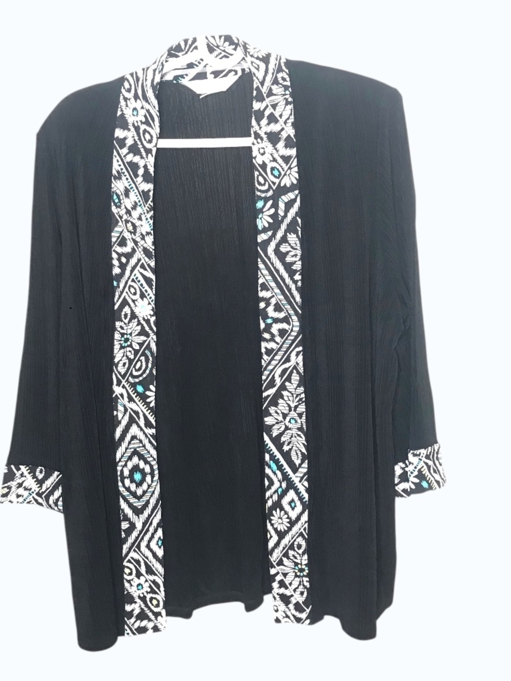 Women’s Allison Daley Black Open Front Kimono Cardigan Tribal Print Trim Size L